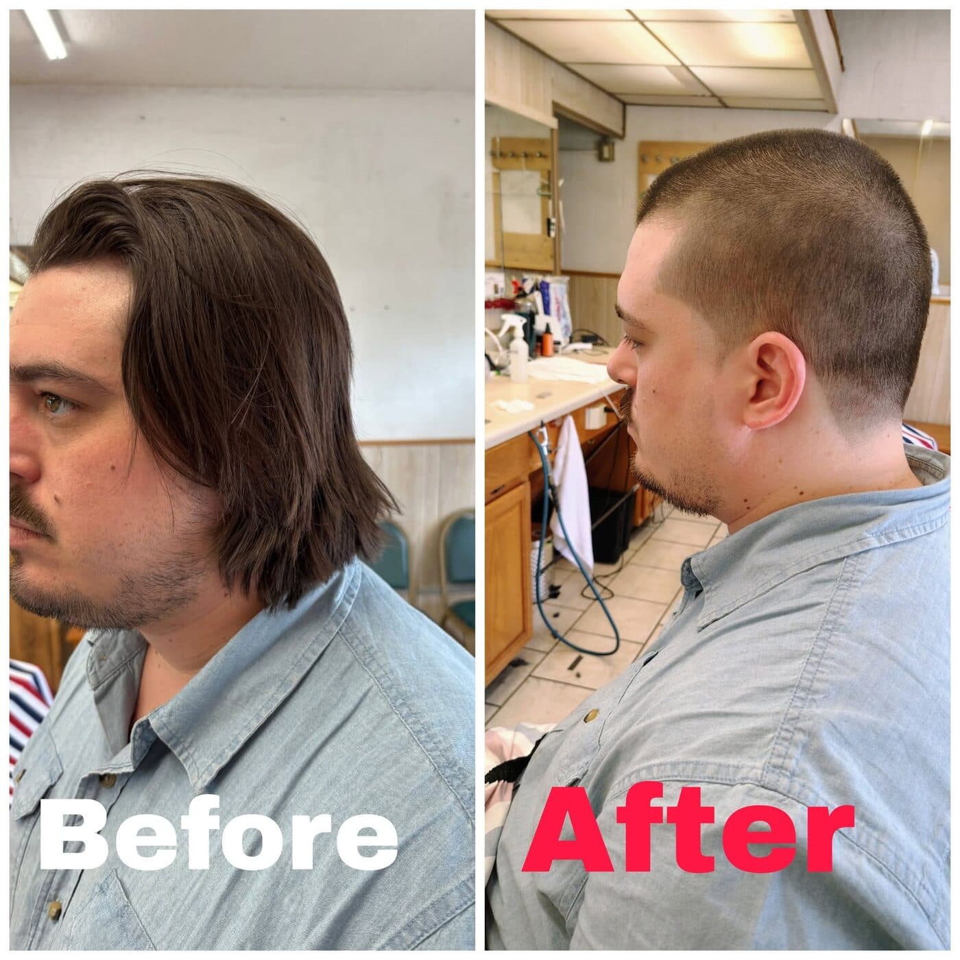 Before and after: shoulder-length hair to a clean fade